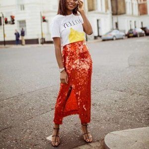 ZARA Midi Red Sequin Skirt with Front Slit NWT